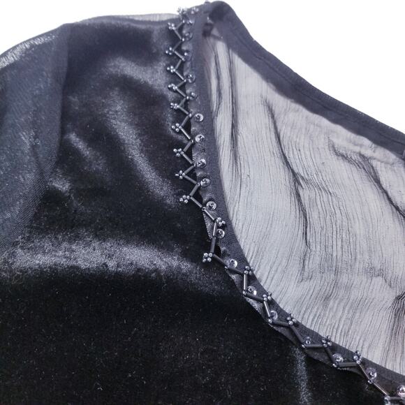 Lapis Sheer Silk Blend Velvet Rhinestones Embellished Ruffle Blouse - Picture 7 of 12